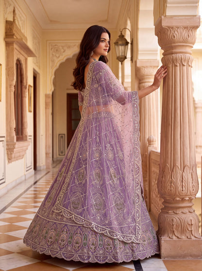 Lavender Pure Premium Net Handwork Motif Crystal Patch Multi Thread &amp; Sequins Work Bridal Lehenga Choli
