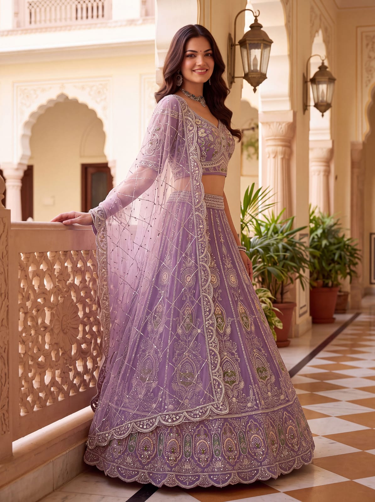 Lavender Pure Premium Net Handwork Motif Crystal Patch Multi Thread &amp; Sequins Work Bridal Lehenga Choli