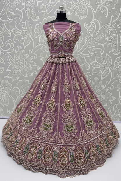 Lavender Pure Premium Net Handwork Motif Crystal Patch Multi Thread &amp; Sequins Work Bridal Lehenga Choli