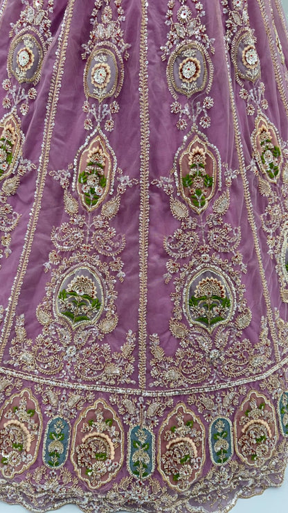 Lavender Pure Premium Net Handwork Motif Crystal Patch Multi Thread &amp; Sequins Work Bridal Lehenga Choli