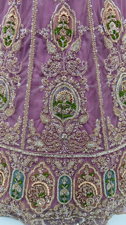 Lavender Pure Premium Net Handwork Motif Crystal Patch Multi Thread &amp; Sequins Work Bridal Lehenga Choli