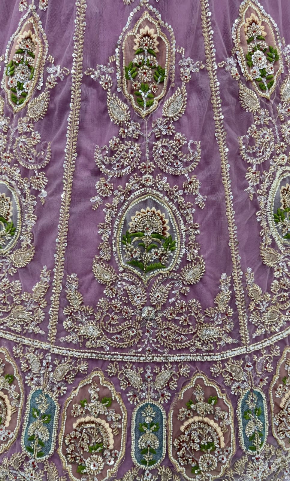 Lavender Pure Premium Net Handwork Motif Crystal Patch Multi Thread &amp; Sequins Work Bridal Lehenga Choli