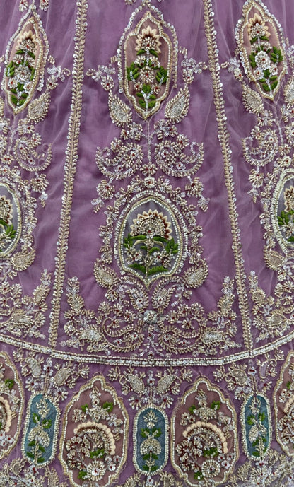 Lavender Pure Premium Net Handwork Motif Crystal Patch Multi Thread &amp; Sequins Work Bridal Lehenga Choli