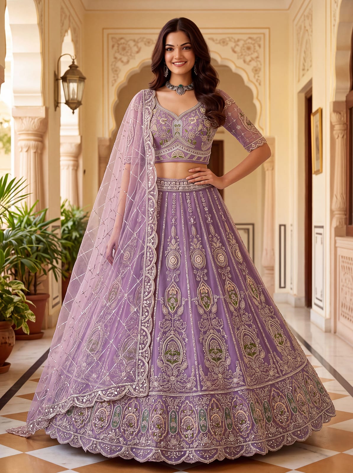 Lavender Pure Premium Net Handwork Motif Crystal Patch Multi Thread &amp; Sequins Work Bridal Lehenga Choli