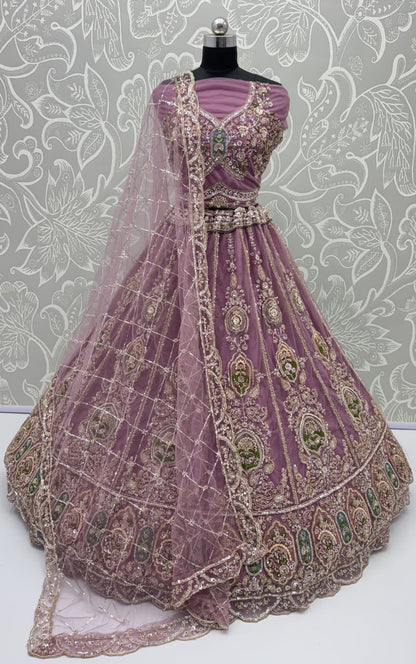Lavender Pure Premium Net Handwork Motif Crystal Patch Multi Thread &amp; Sequins Work Bridal Lehenga Choli