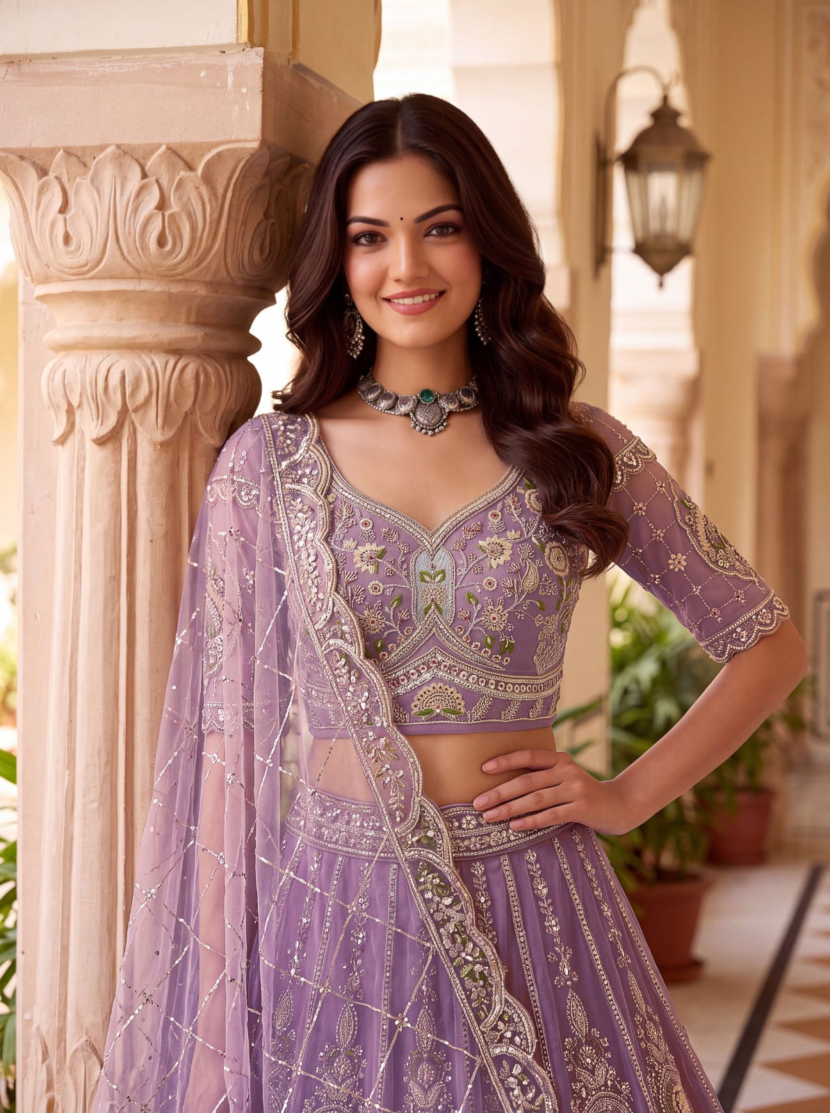 Lavender Pure Premium Net Handwork Motif Crystal Patch Multi Thread &amp; Sequins Work Bridal Lehenga Choli