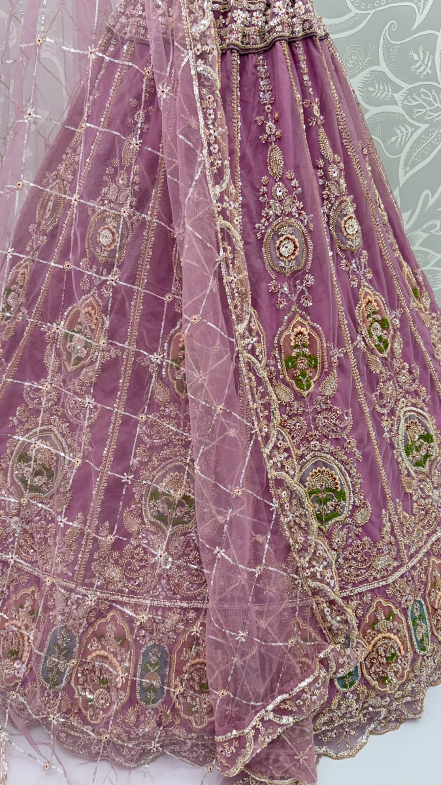 Lavender Pure Premium Net Handwork Motif Crystal Patch Multi Thread &amp; Sequins Work Bridal Lehenga Choli
