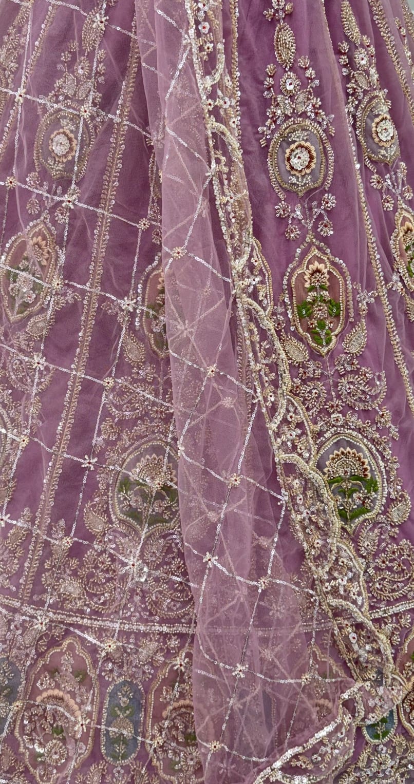 Lavender Pure Premium Net Handwork Motif Crystal Patch Multi Thread &amp; Sequins Work Bridal Lehenga Choli