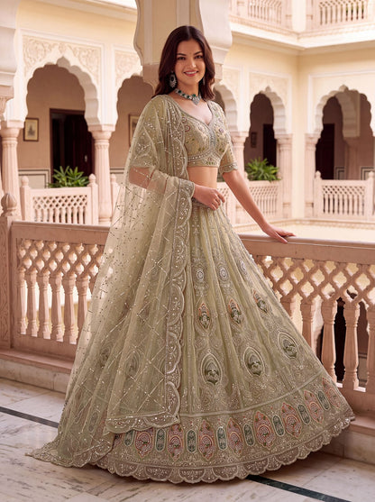 Beige Pure Premium Net Handwork Motif Crystal Patch Multi Thread &amp; Sequins Work Bridal Lehenga Choli