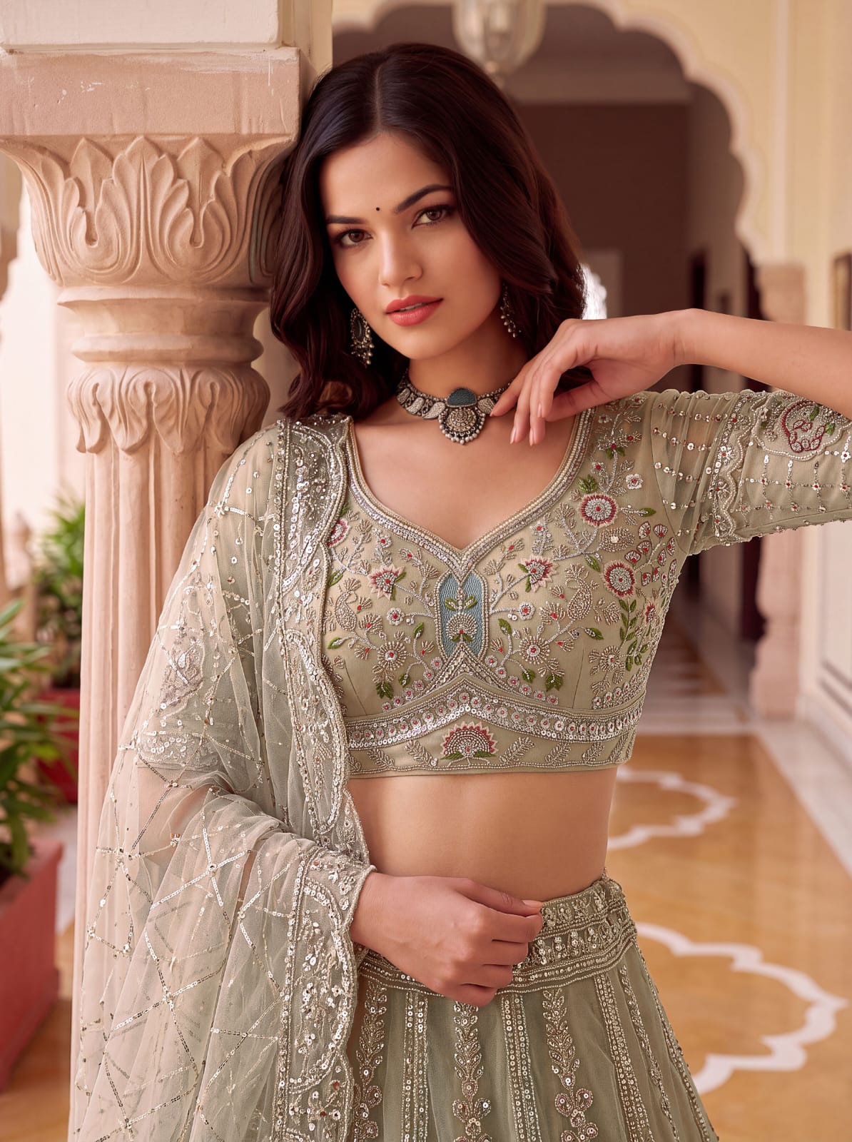 Beige Pure Premium Net Handwork Motif Crystal Patch Multi Thread &amp; Sequins Work Bridal Lehenga Choli