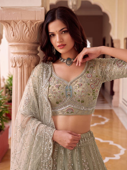 Beige Pure Premium Net Handwork Motif Crystal Patch Multi Thread &amp; Sequins Work Bridal Lehenga Choli