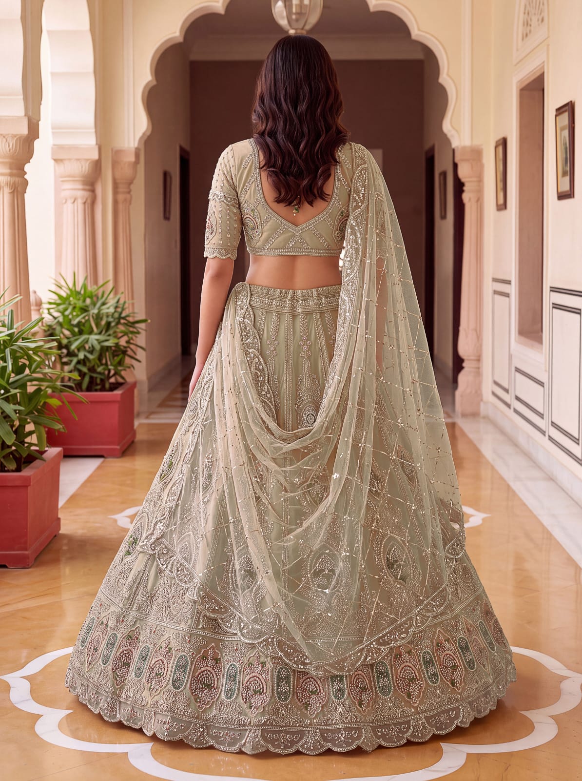 Beige Pure Premium Net Handwork Motif Crystal Patch Multi Thread &amp; Sequins Work Bridal Lehenga Choli