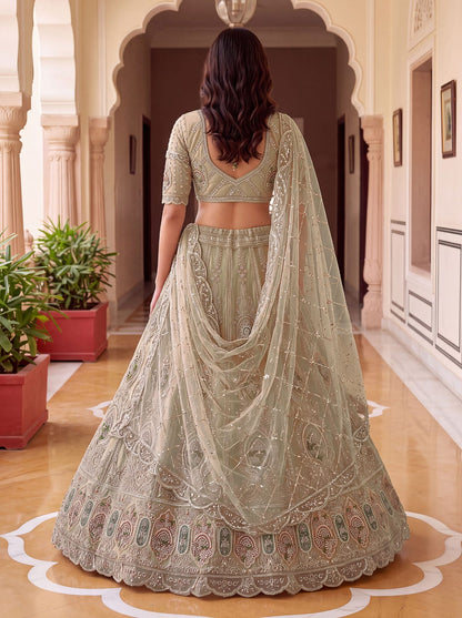 Beige Pure Premium Net Handwork Motif Crystal Patch Multi Thread &amp; Sequins Work Bridal Lehenga Choli