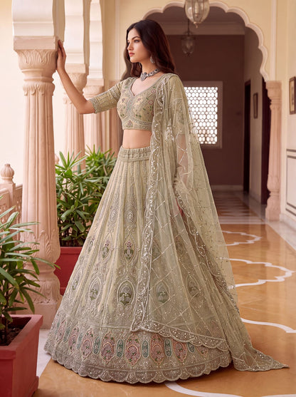Beige Pure Premium Net Handwork Motif Crystal Patch Multi Thread &amp; Sequins Work Bridal Lehenga Choli