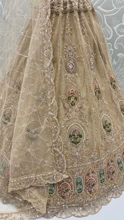 Beige Pure Premium Net Handwork Motif Crystal Patch Multi Thread &amp; Sequins Work Bridal Lehenga Choli