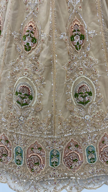 Beige Pure Premium Net Handwork Motif Crystal Patch Multi Thread &amp; Sequins Work Bridal Lehenga Choli