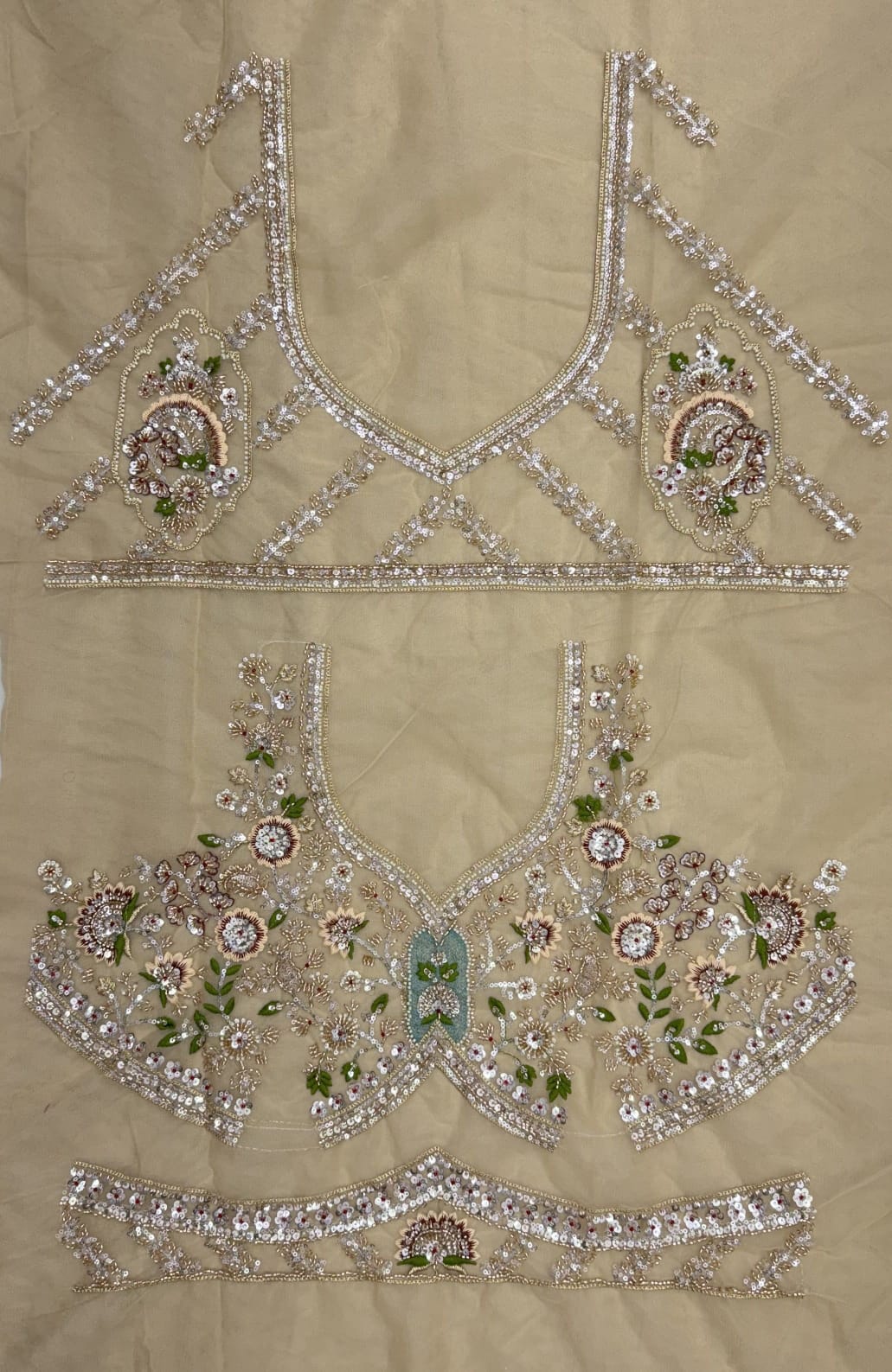 Beige Pure Premium Net Handwork Motif Crystal Patch Multi Thread &amp; Sequins Work Bridal Lehenga Choli