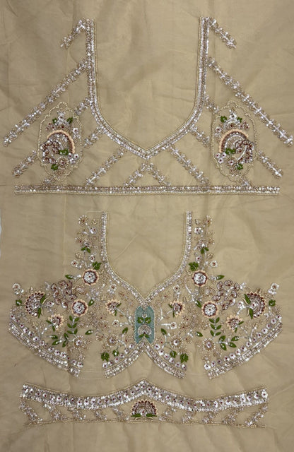 Beige Pure Premium Net Handwork Motif Crystal Patch Multi Thread &amp; Sequins Work Bridal Lehenga Choli