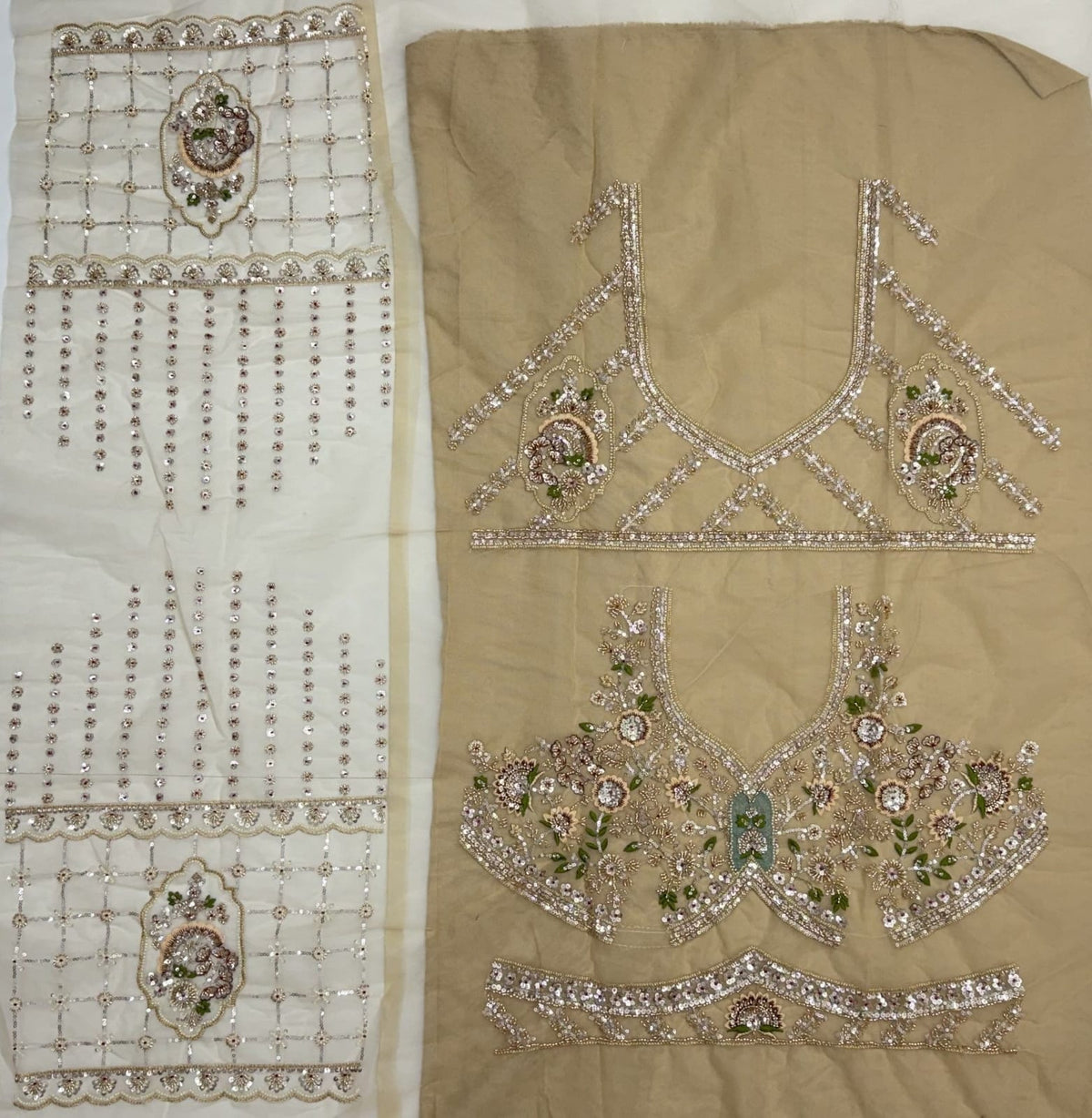 Beige Pure Premium Net Handwork Motif Crystal Patch Multi Thread &amp; Sequins Work Bridal Lehenga Choli
