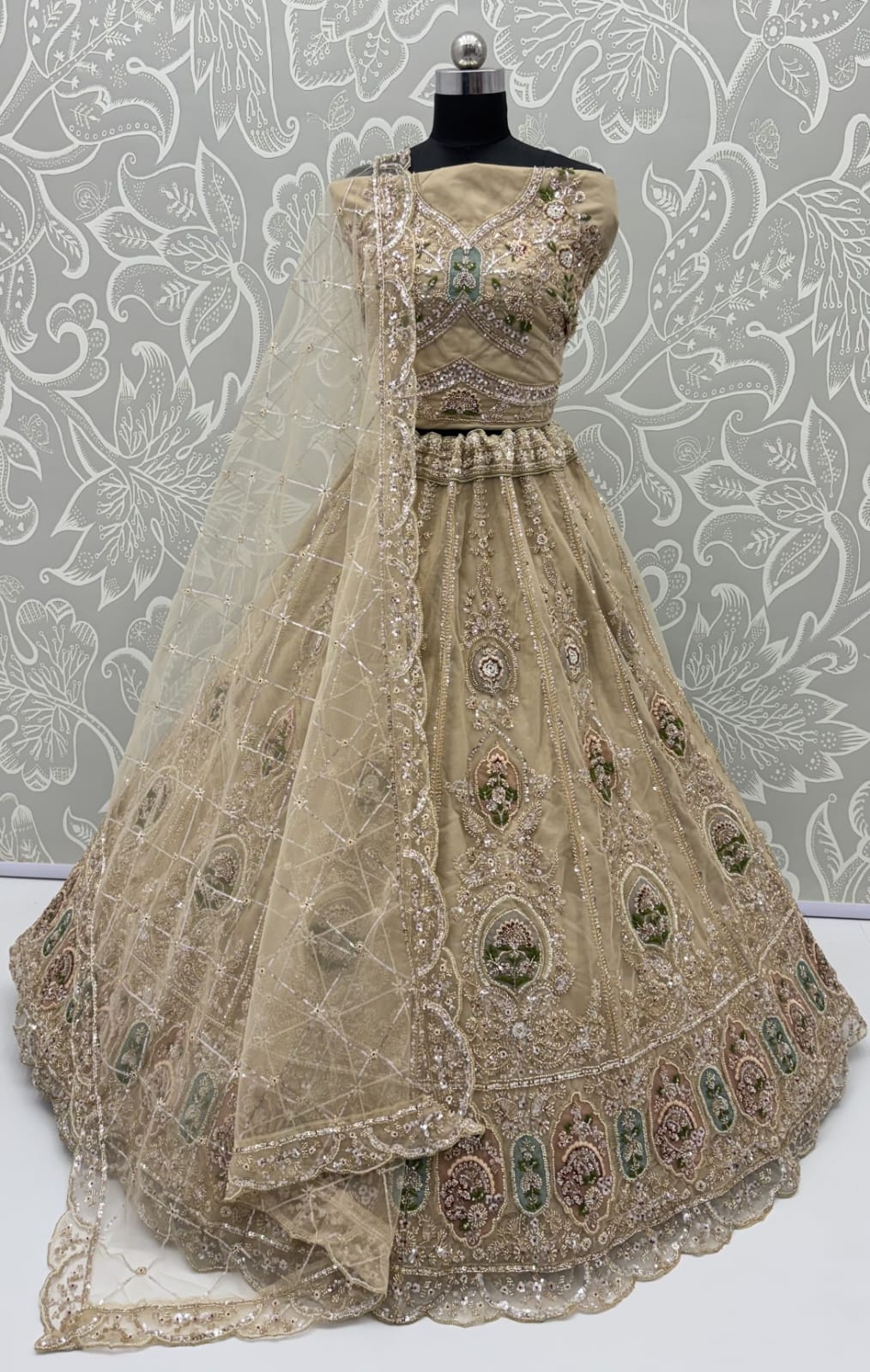 Beige Pure Premium Net Handwork Motif Crystal Patch Multi Thread &amp; Sequins Work Bridal Lehenga Choli