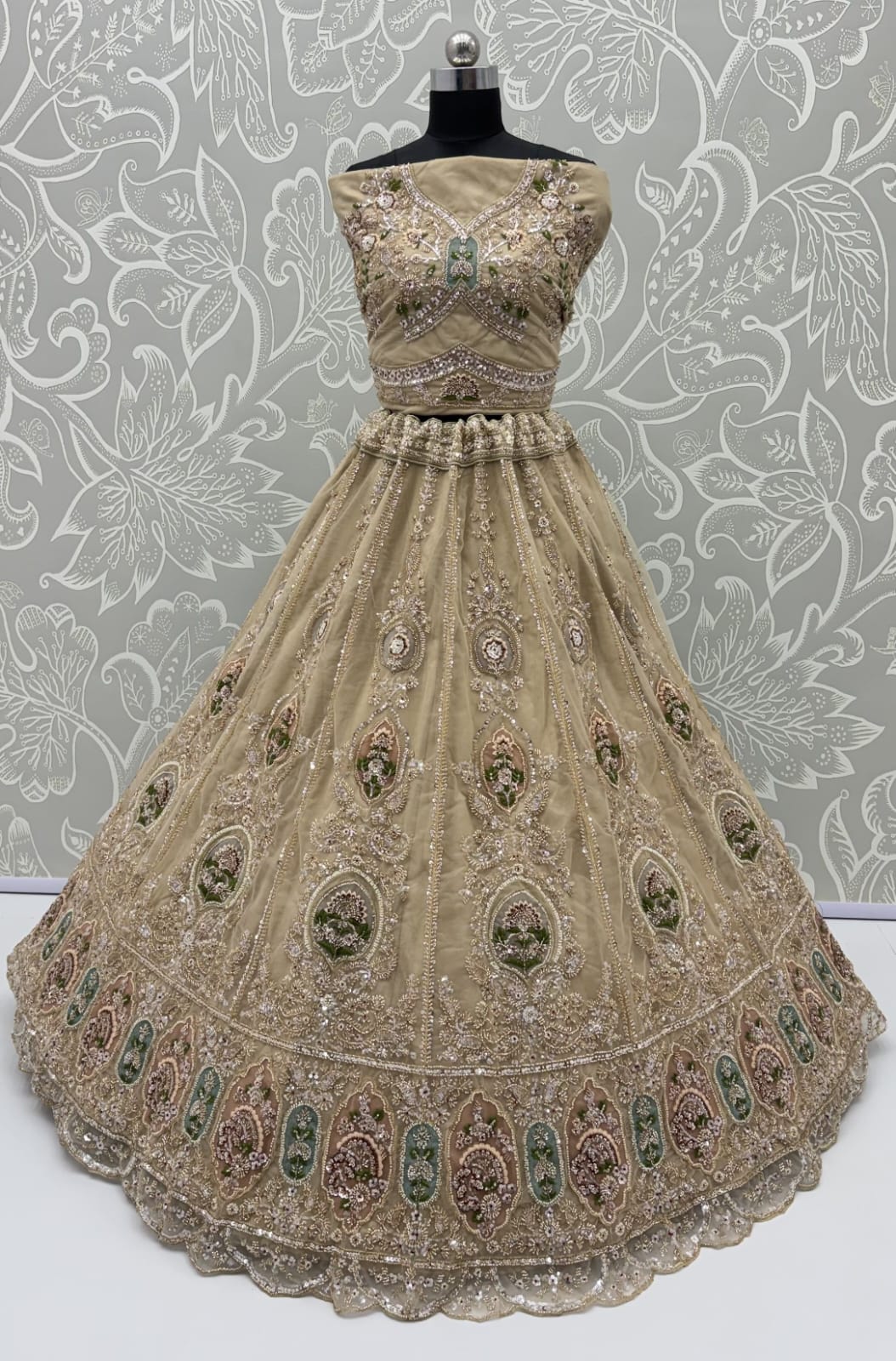 Beige Pure Premium Net Handwork Motif Crystal Patch Multi Thread &amp; Sequins Work Bridal Lehenga Choli