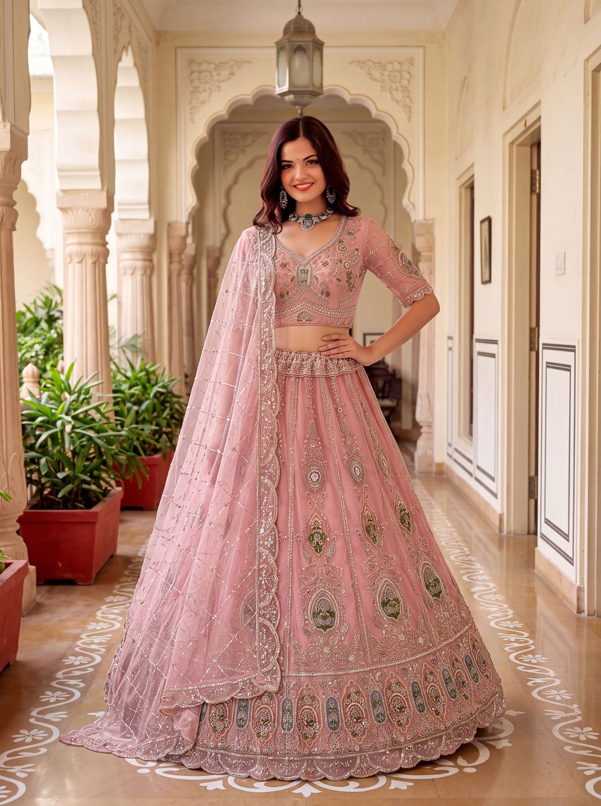 Pink Pure Premium Net Handwork Motif Crystal Patch Multi Thread &amp; Sequins Work Bridal Lehenga Choli