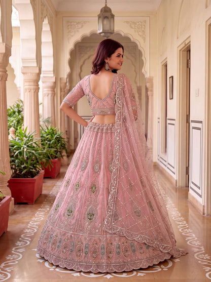 Pink Pure Premium Net Handwork Motif Crystal Patch Multi Thread &amp; Sequins Work Bridal Lehenga Choli