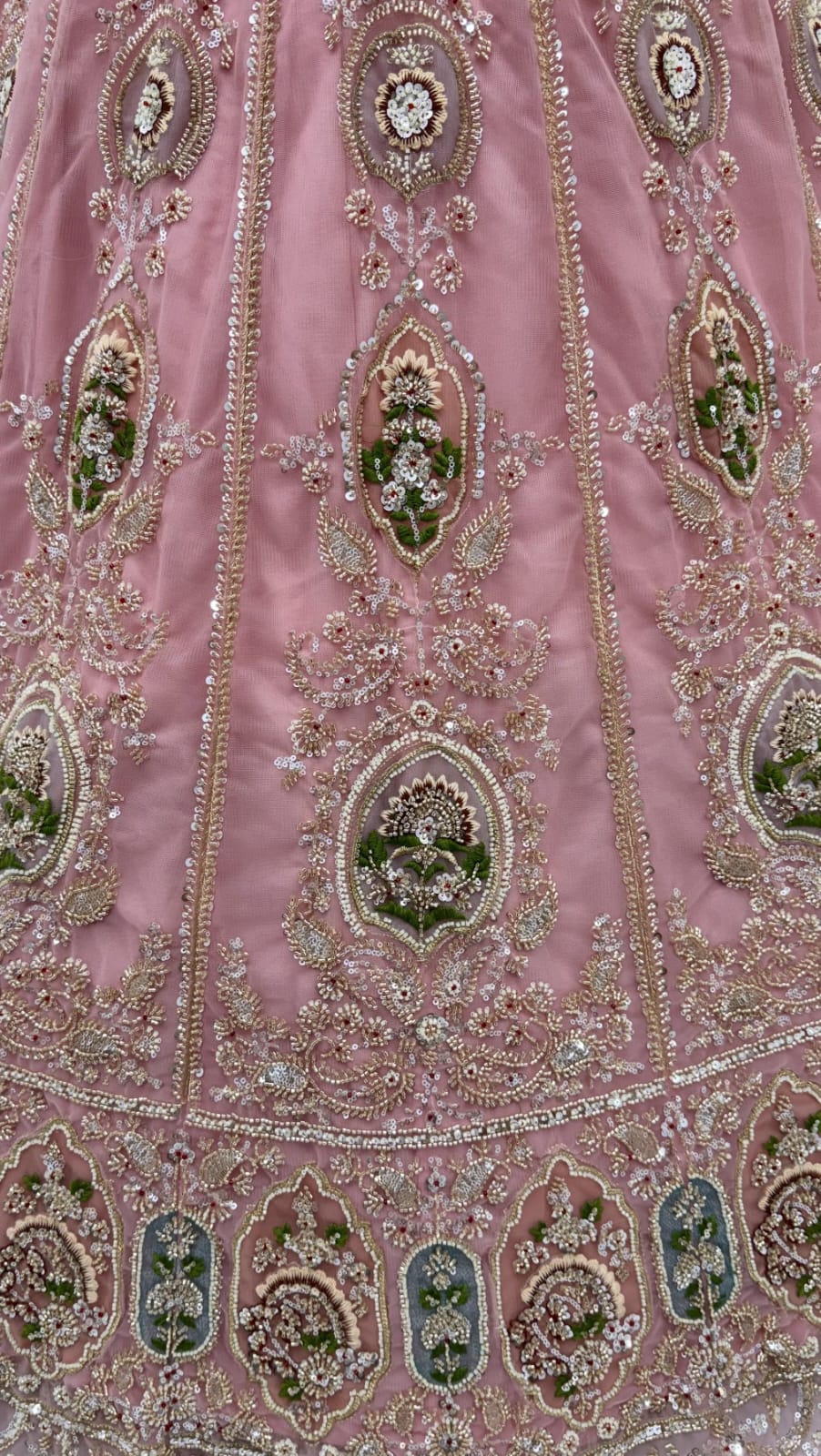 Pink Pure Premium Net Handwork Motif Crystal Patch Multi Thread &amp; Sequins Work Bridal Lehenga Choli