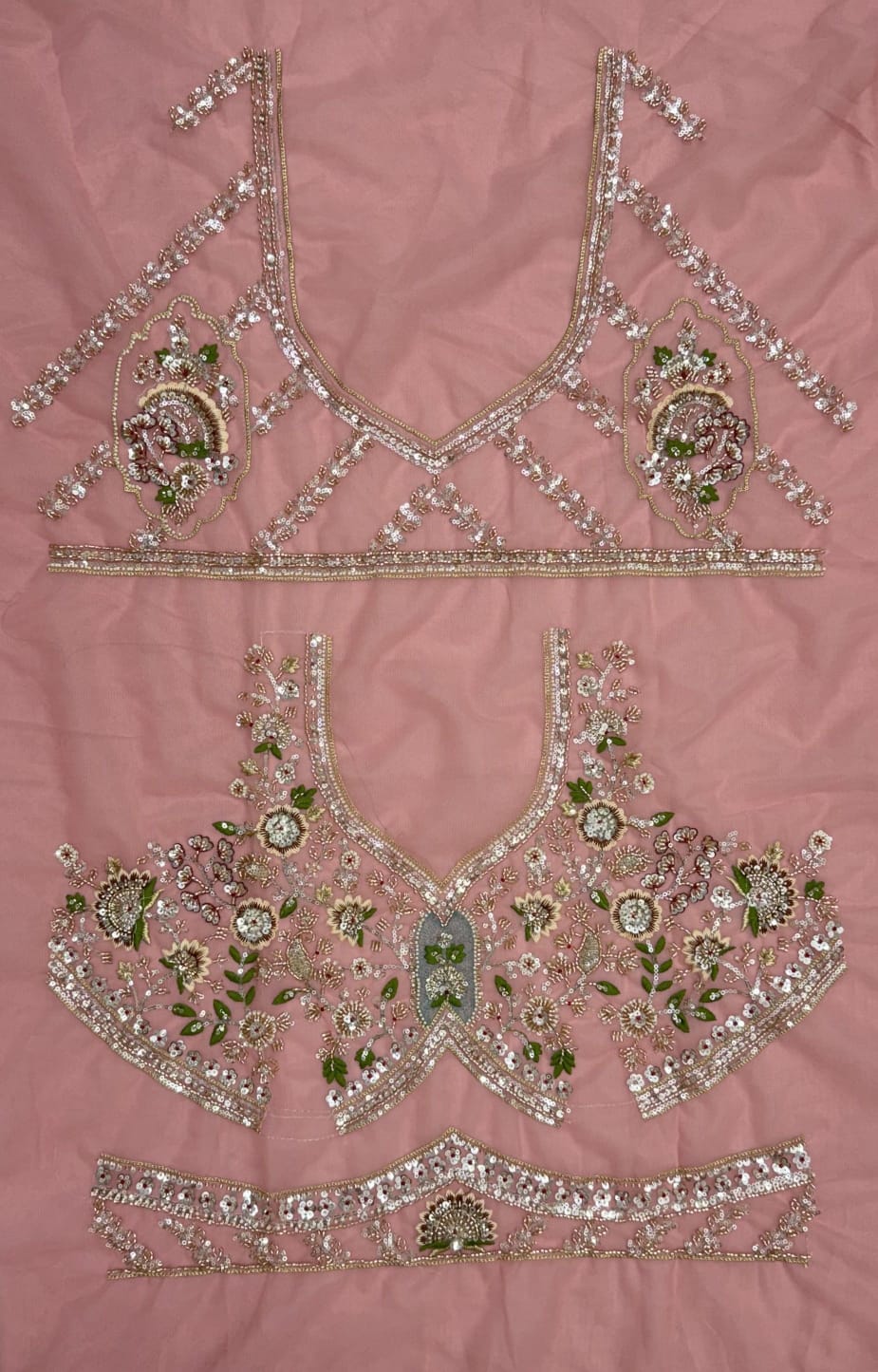 Pink Pure Premium Net Handwork Motif Crystal Patch Multi Thread &amp; Sequins Work Bridal Lehenga Choli