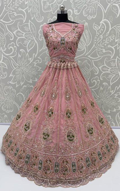 Pink Pure Premium Net Handwork Motif Crystal Patch Multi Thread &amp; Sequins Work Bridal Lehenga Choli