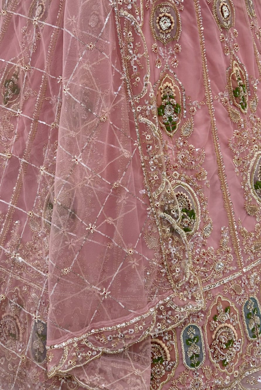 Pink Pure Premium Net Handwork Motif Crystal Patch Multi Thread &amp; Sequins Work Bridal Lehenga Choli