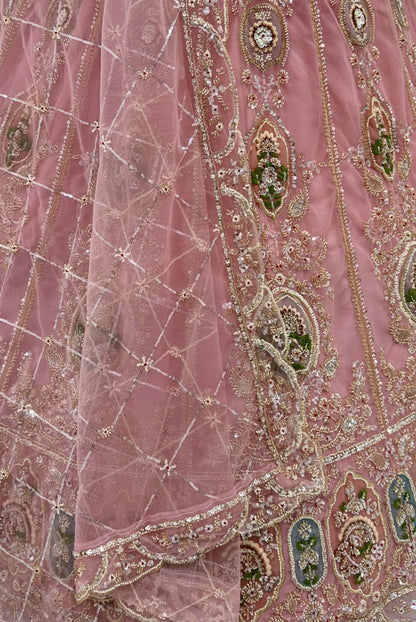 Pink Pure Premium Net Handwork Motif Crystal Patch Multi Thread &amp; Sequins Work Bridal Lehenga Choli