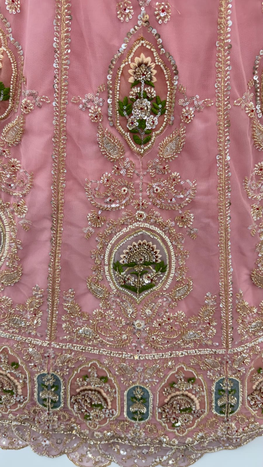 Pink Pure Premium Net Handwork Motif Crystal Patch Multi Thread &amp; Sequins Work Bridal Lehenga Choli