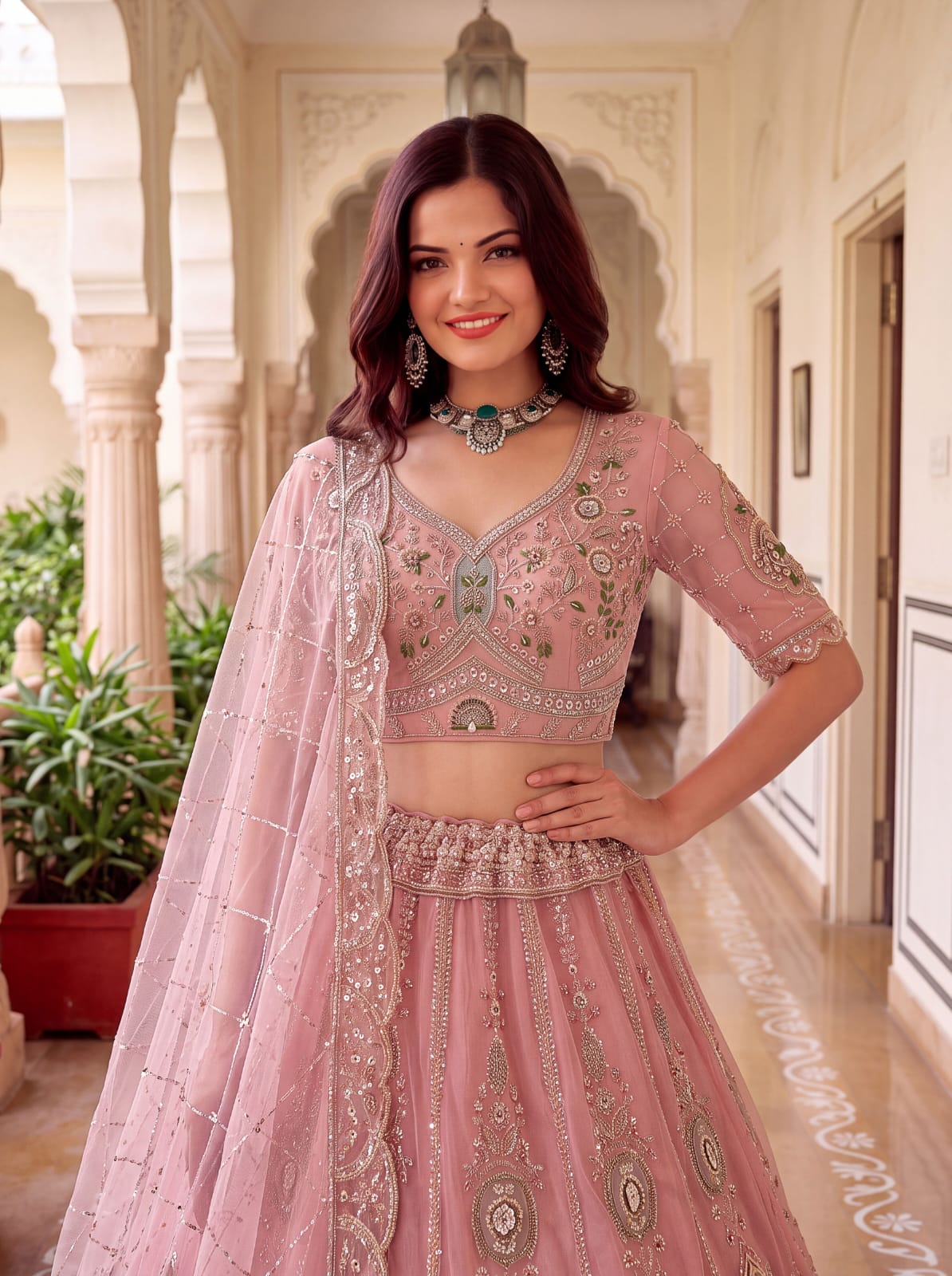 Pink Pure Premium Net Handwork Motif Crystal Patch Multi Thread &amp; Sequins Work Bridal Lehenga Choli