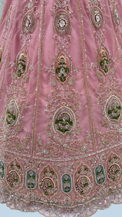 Pink Pure Premium Net Handwork Motif Crystal Patch Multi Thread &amp; Sequins Work Bridal Lehenga Choli