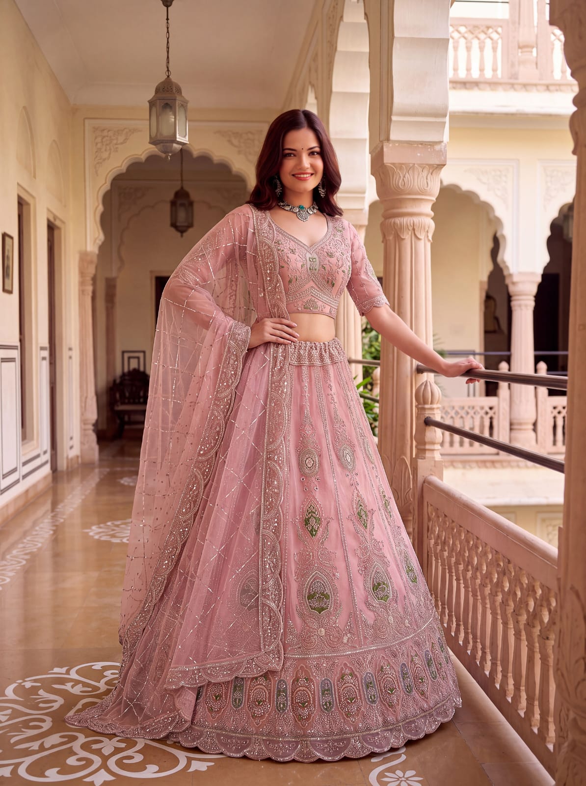 Pink Pure Premium Net Handwork Motif Crystal Patch Multi Thread &amp; Sequins Work Bridal Lehenga Choli