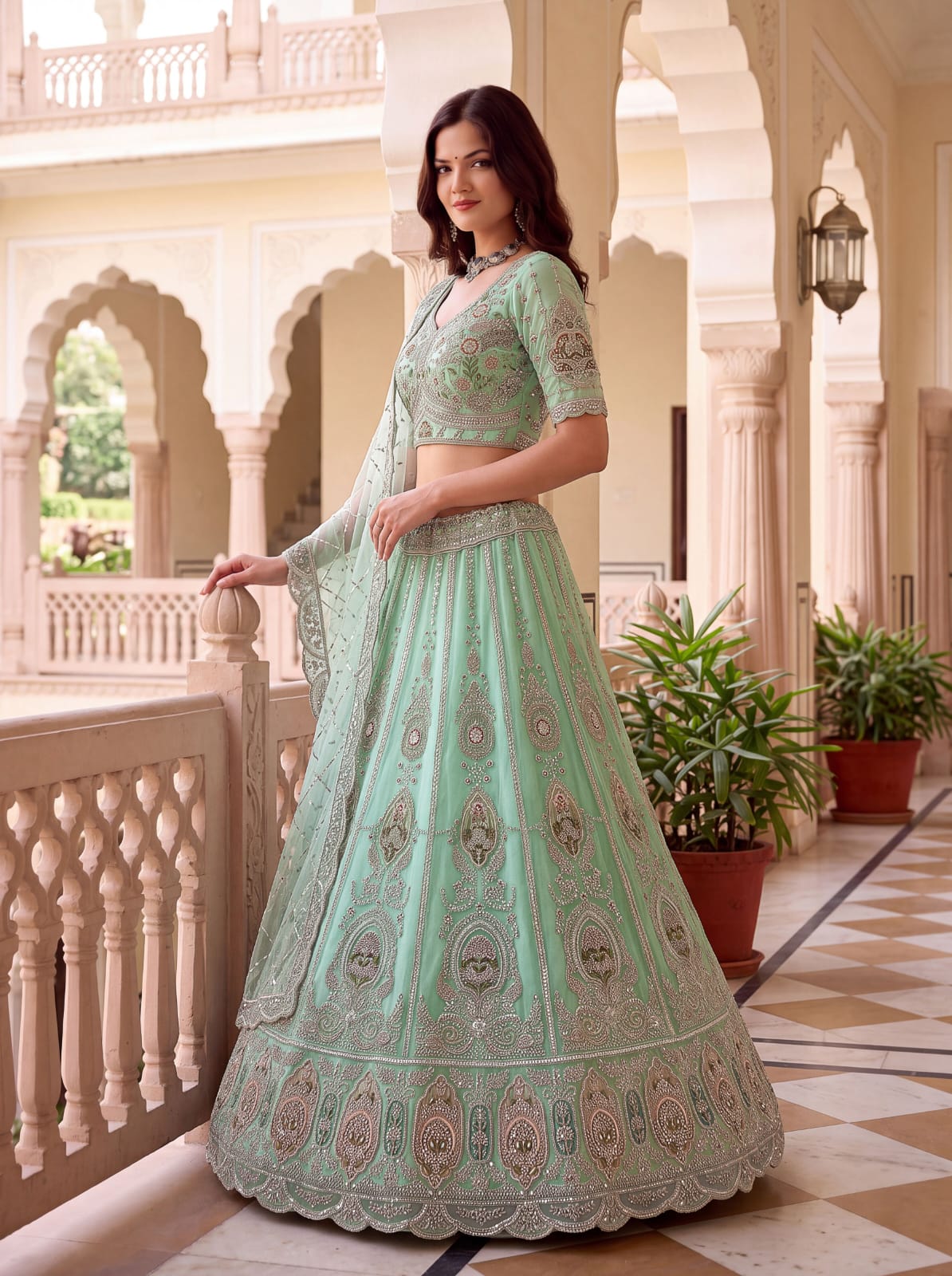 Pista Pure Premium Net Handwork Motif Crystal Patch Multi Thread &amp; Sequins Work Bridal Lehenga Choli