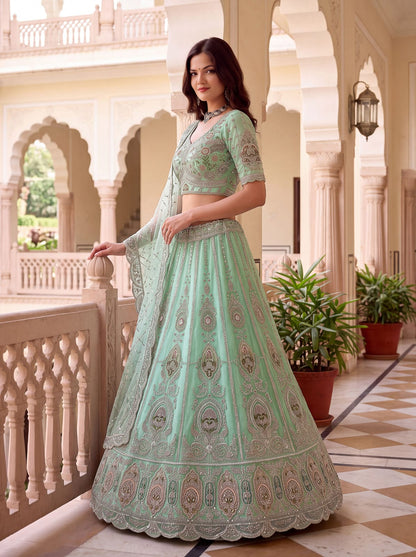 Pista Pure Premium Net Handwork Motif Crystal Patch Multi Thread &amp; Sequins Work Bridal Lehenga Choli