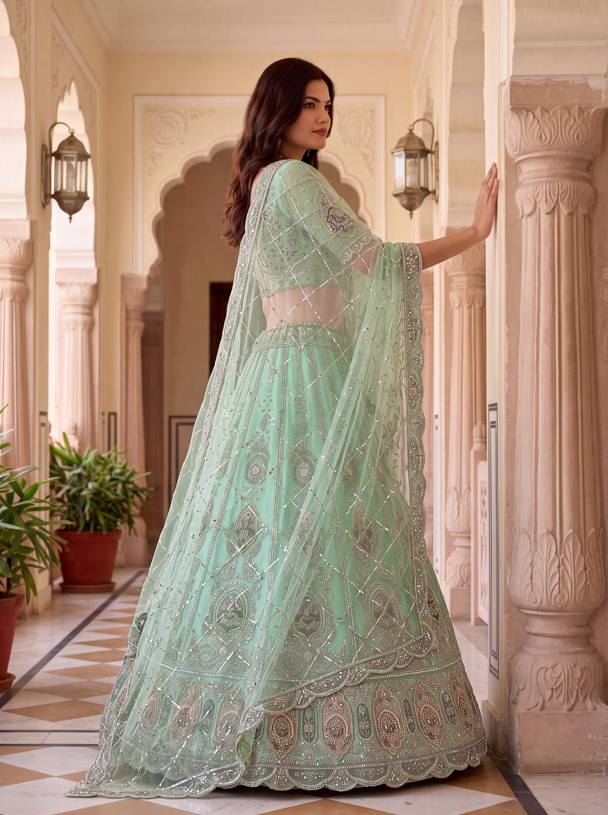 Pista Pure Premium Net Handwork Motif Crystal Patch Multi Thread &amp; Sequins Work Bridal Lehenga Choli