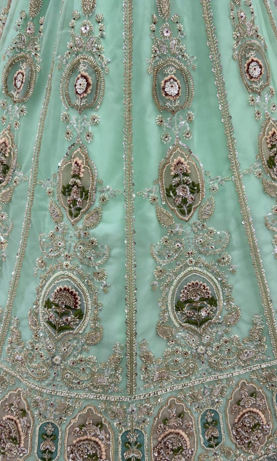 Pista Pure Premium Net Handwork Motif Crystal Patch Multi Thread &amp; Sequins Work Bridal Lehenga Choli