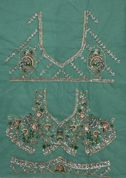 Pista Pure Premium Net Handwork Motif Crystal Patch Multi Thread &amp; Sequins Work Bridal Lehenga Choli