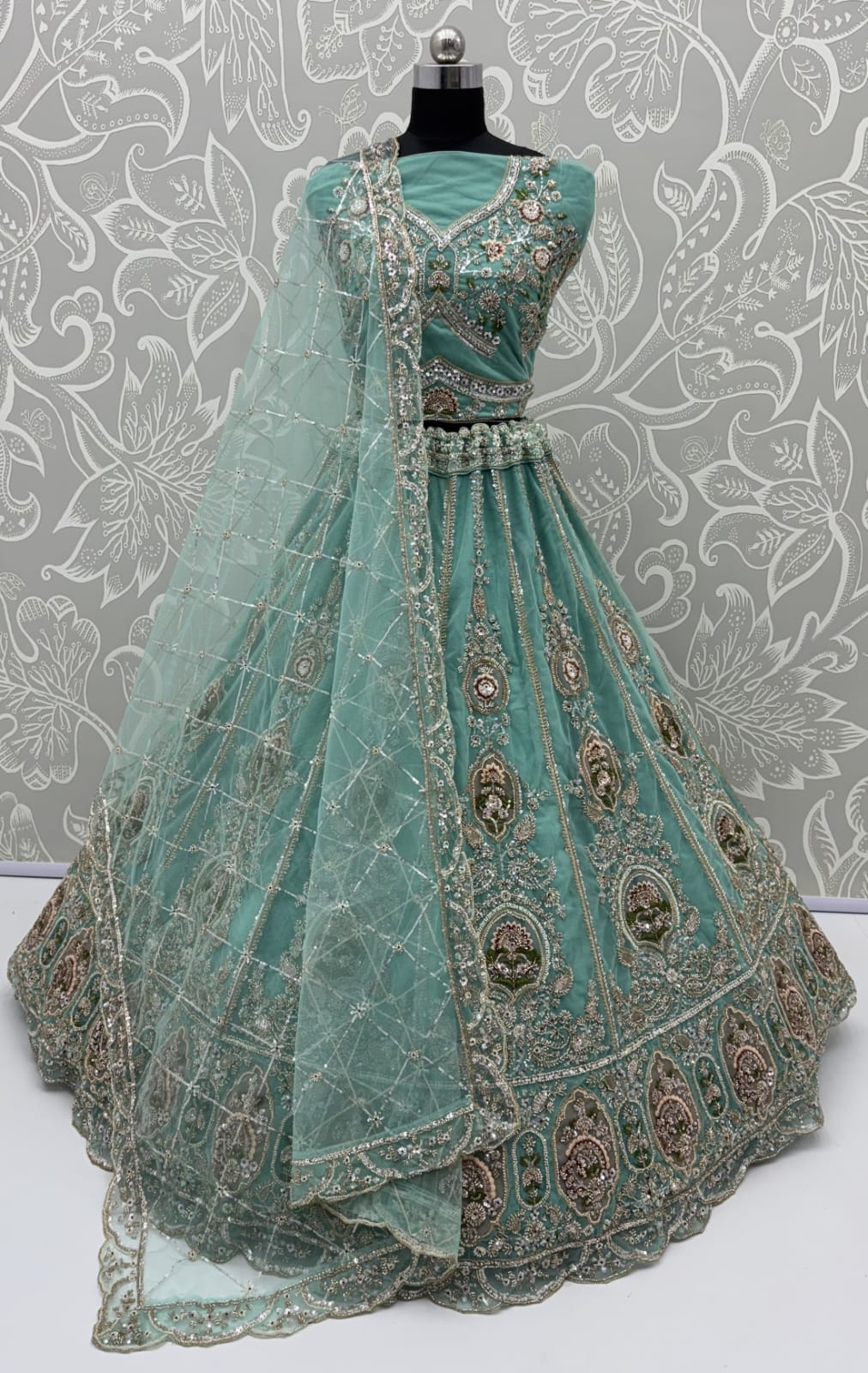Pista Pure Premium Net Handwork Motif Crystal Patch Multi Thread &amp; Sequins Work Bridal Lehenga Choli