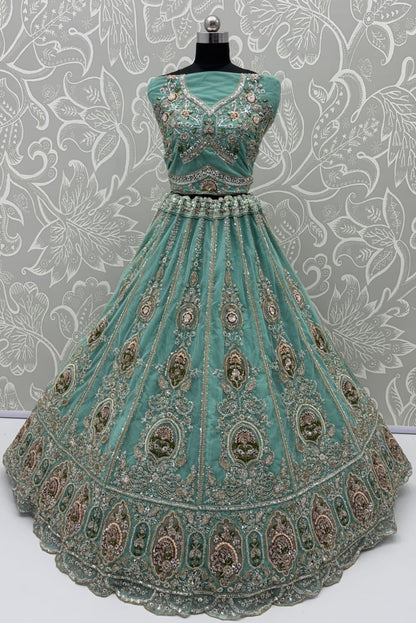 Pista Pure Premium Net Handwork Motif Crystal Patch Multi Thread &amp; Sequins Work Bridal Lehenga Choli