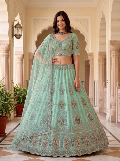 Pista Pure Premium Net Handwork Motif Crystal Patch Multi Thread &amp; Sequins Work Bridal Lehenga Choli