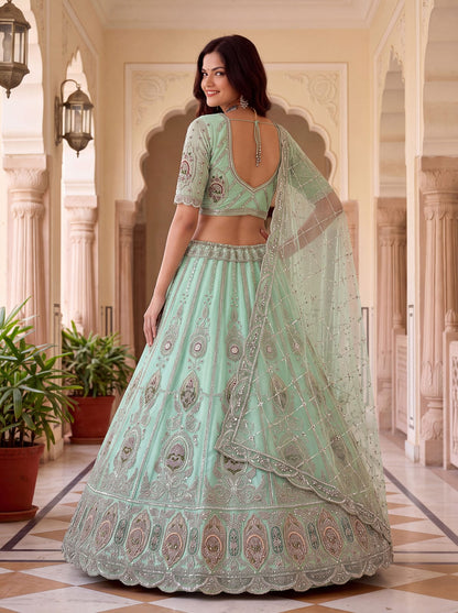 Pista Pure Premium Net Handwork Motif Crystal Patch Multi Thread &amp; Sequins Work Bridal Lehenga Choli