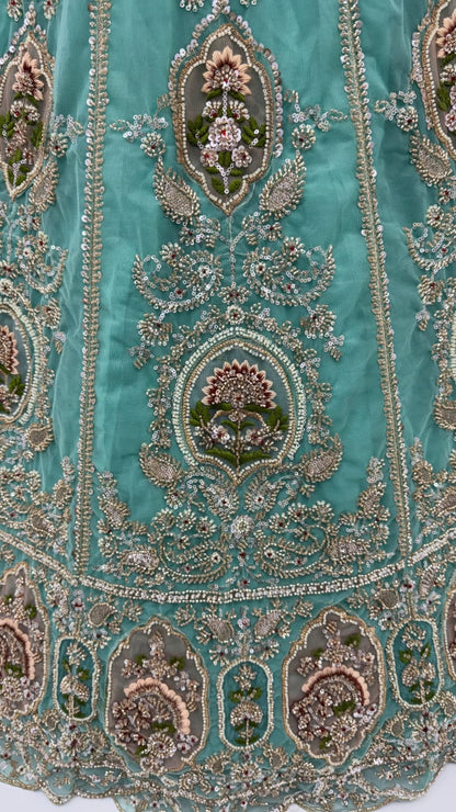 Pista Pure Premium Net Handwork Motif Crystal Patch Multi Thread &amp; Sequins Work Bridal Lehenga Choli