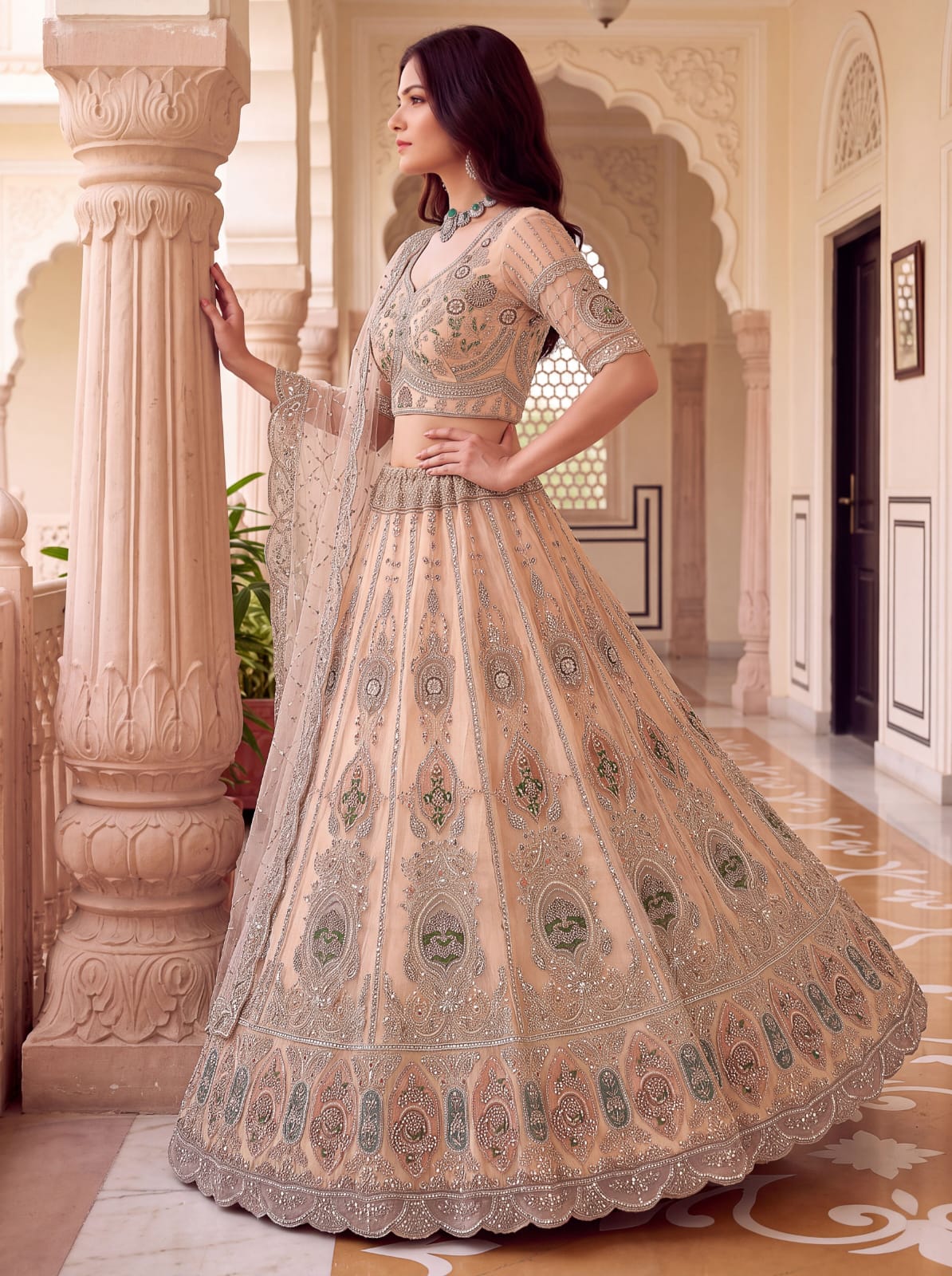 Peach Pure Premium Net Handwork Motif Crystal Patch Multi Thread &amp; Sequins Work Bridal Lehenga Choli