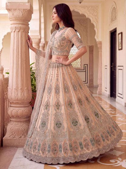 Peach Pure Premium Net Handwork Motif Crystal Patch Multi Thread &amp; Sequins Work Bridal Lehenga Choli