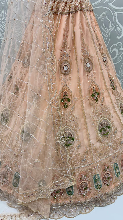 Peach Pure Premium Net Handwork Motif Crystal Patch Multi Thread &amp; Sequins Work Bridal Lehenga Choli