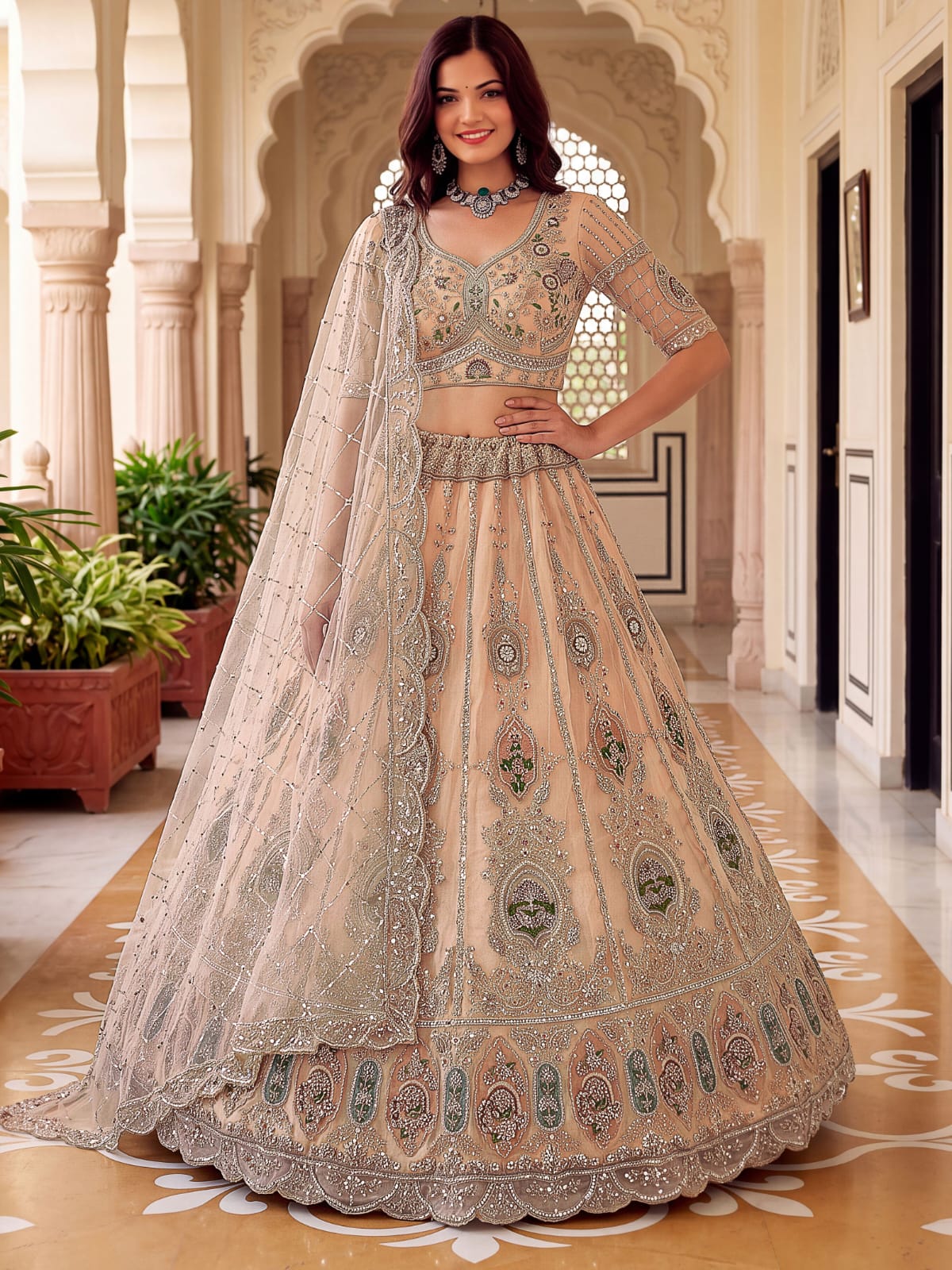 Peach Pure Premium Net Handwork Motif Crystal Patch Multi Thread &amp; Sequins Work Bridal Lehenga Choli